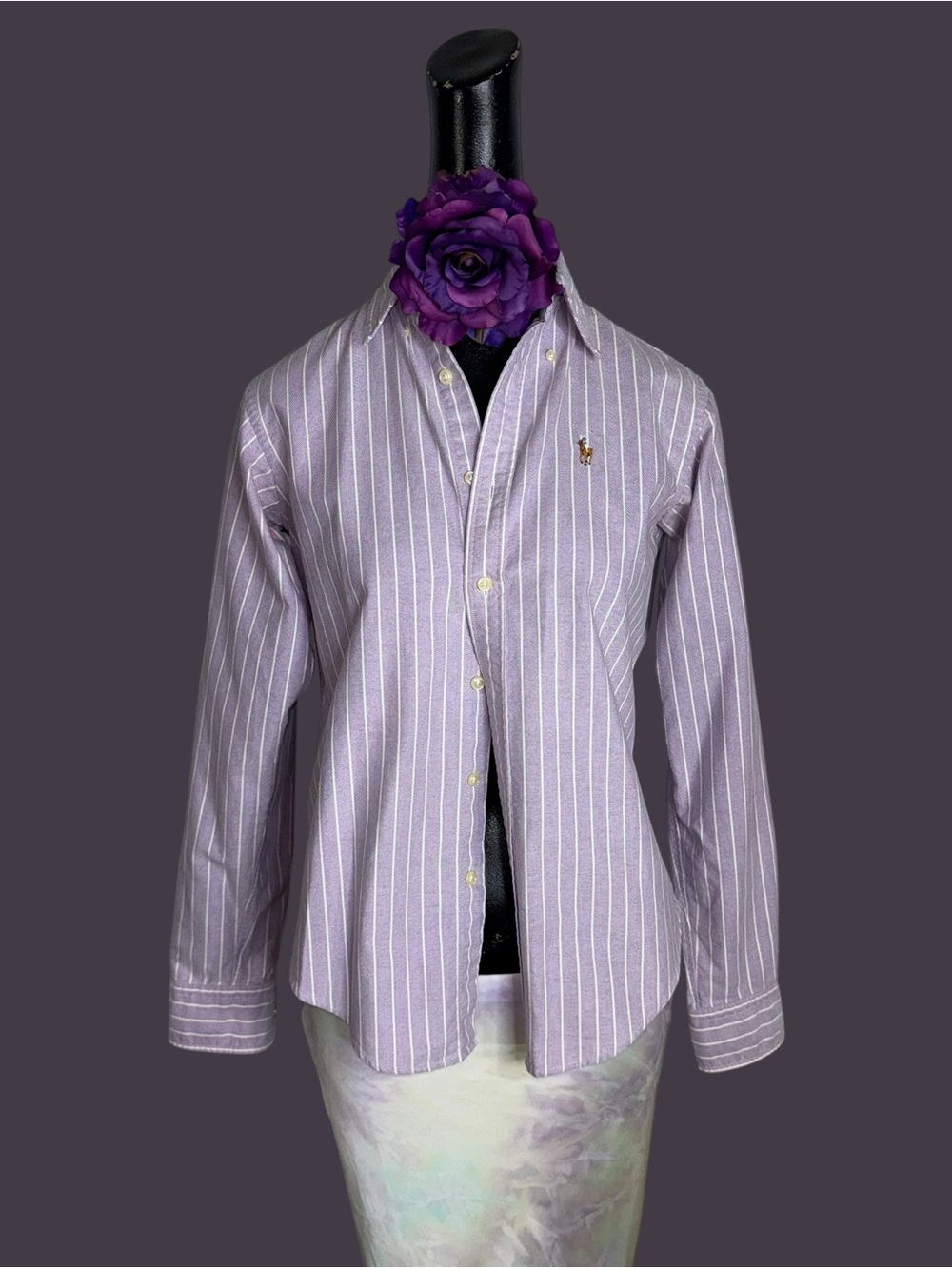 Lilac purple and white striped cotton oxford shirt by Ralph Lauren - Picture 13 of 16